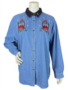 VTG Quizz Again Christmas Denim Shirt XL Embroidered Cardinal Window Shacket